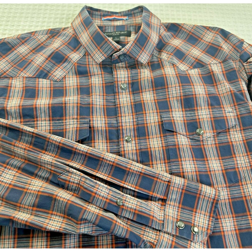 Banana Republic Button Down Shirt Large Cotton Navy Blue & Orange Plaid Slim Fit